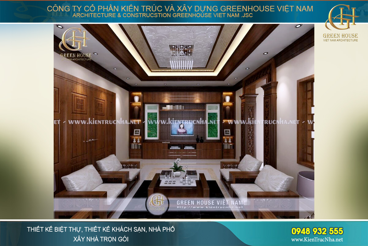 Thiết kế nội thất phòng khách biệt thự hiện đại 4 tầng mang nét Á Đông truyền thống