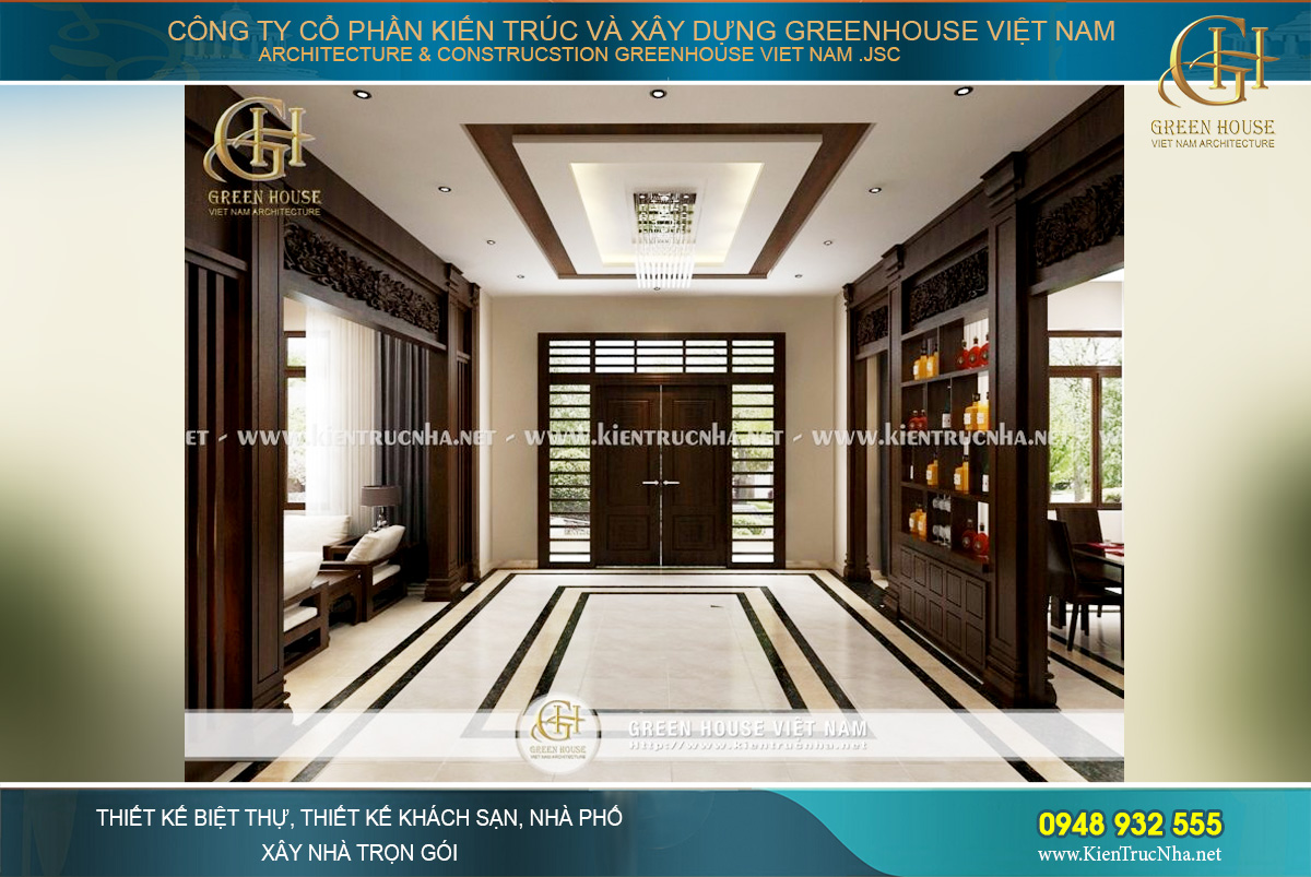 Đại sảnh được thiết kế cao rộng, khoáng đạt thể hiện sự bề thế của biệt thự