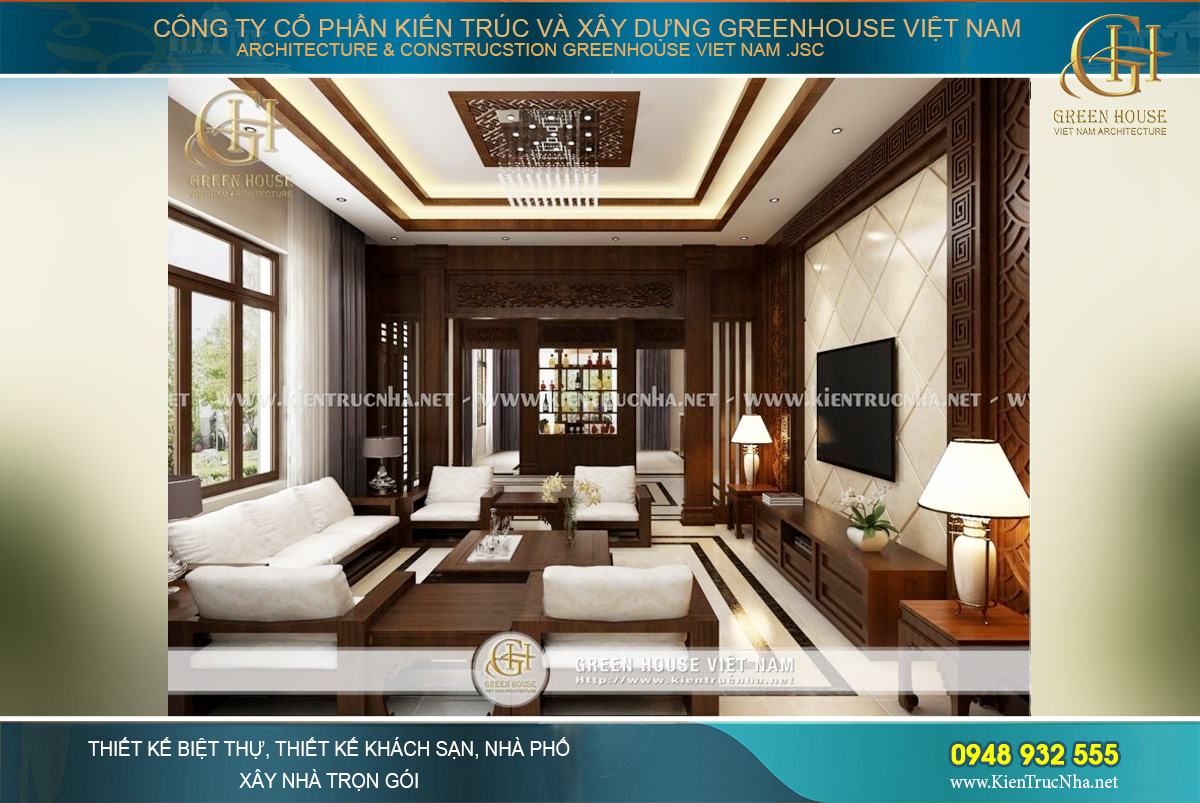 Thiết kế nội thất phòng khách với nội thất gỗ tự nhiên đẳng cấp, sang trọng