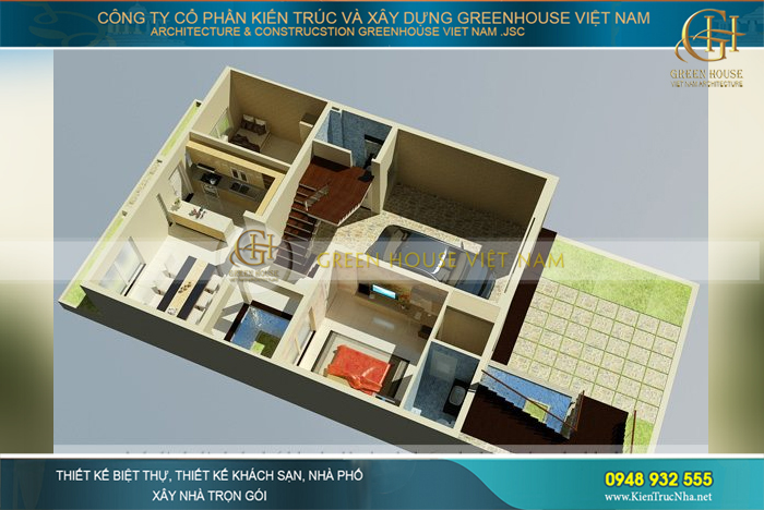 Mặt bằng bốc mái tầng 1 với đầy đủ công năng sinh hoạt