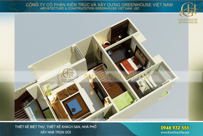 Tầng 2 là không gian sinh hoạt chính của biệt thự với phòng khách,1 phòng ngủ chính và phòng làm việc