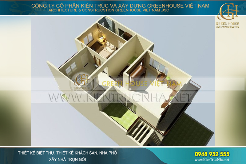 Tầng 3 được bố trí 1 phòng ngủ, phòng tập thể dục và phòng thờ trong gia đình