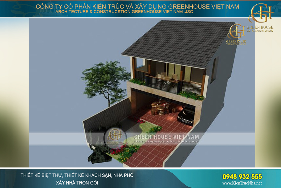 Nhà ở hai tầng phong cách kiểu truyền thống sân vườn rộng