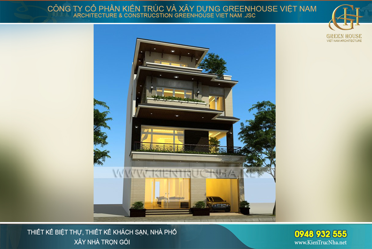 Thiết kế nhà lô phố 4 tầng mặt tiền 9m phong cách hiện đại đẹp