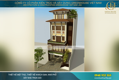 Thiết kế nhà phố phong cách kiến trúc á đông, mặt tiền 7m cao 5 tầng