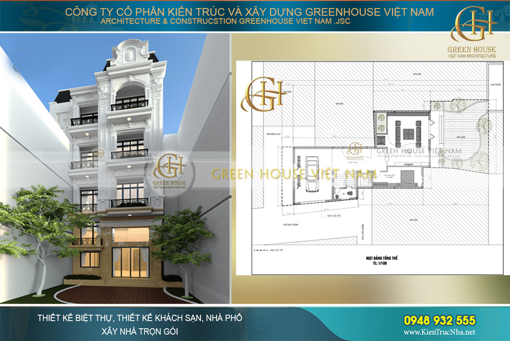 thiết kế nhà phố 5 tầng tân cổ điển trên khu đất méo